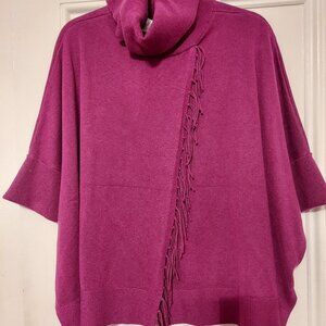 NWT Chico's Cowl Neck 3/4 Sleeve Fringed Poncho Sweater in Berry Pink size S/M